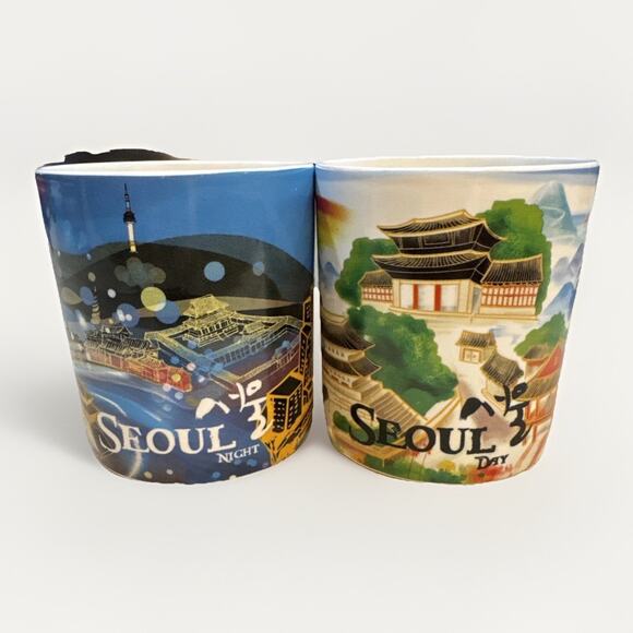 Starbucks 2012 Set Of 2 - Seoul Day & Night Korea Coffee Cup Mug 16 oz - Picture 1 of 7
